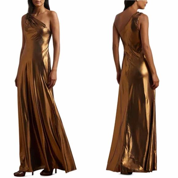 Lauren Ralph Lauren Metallic Chiffon One Shoulder Gown Party Size US 10 - Picture 9 of 14